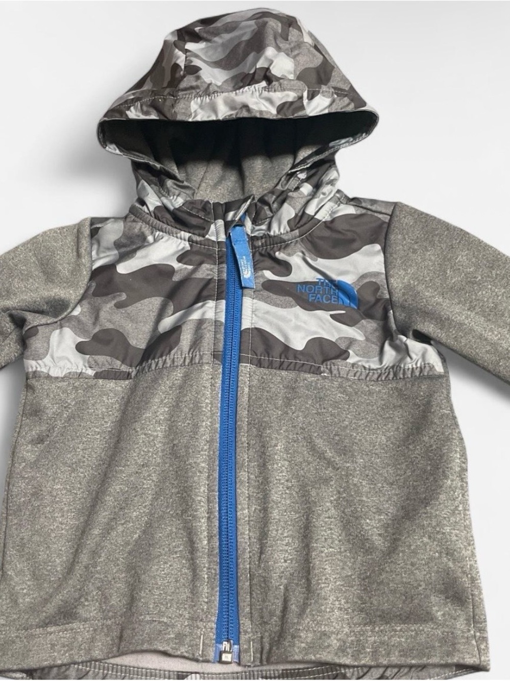 The North Face Grey Camo Hooded Jacket with Blue Zipper